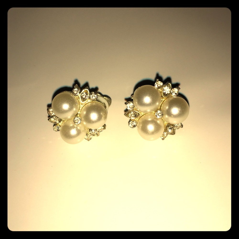 White faux pearl and rhinestone clip on earrings